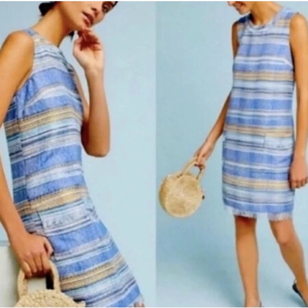 Anthropologie Akemi + Kin Blue Striped Tweed Sleeveless Shift Dress Coastal